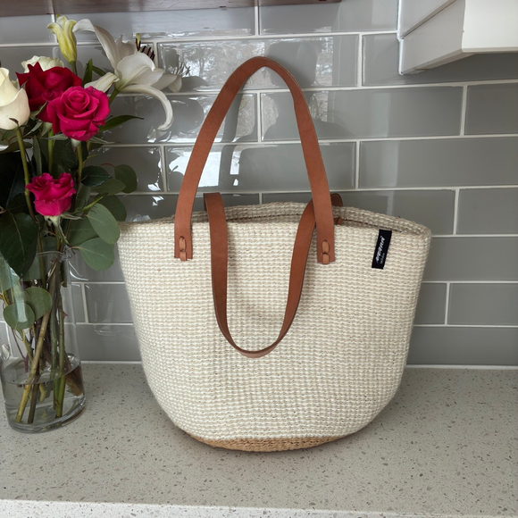 Mifuko Handwoven Basket Tote Leather Handles Fair Trade Market Bag Boho - Picture 1 of 7